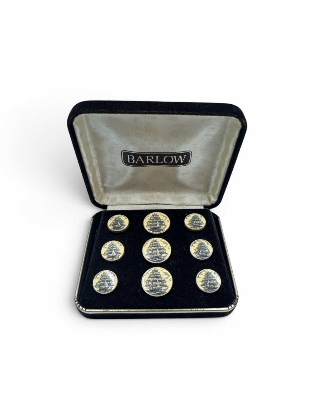 Vintage NOS 1980s Barlow Acrylic Scrimshaw Boat Nautical Buttons Set of Nine